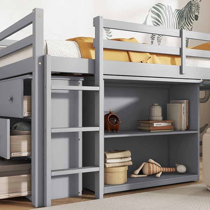 KEIKI Twin Size loft Bed with Pull-Out Desk & Drawers & Open Shelves, Wood Loft - Image 6