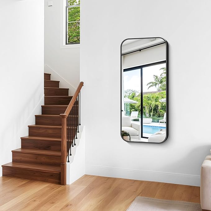 Bathroom Mirror, 48 x 24 inch Black Rectangle Wall Mirror, Metal Framed - Image 7