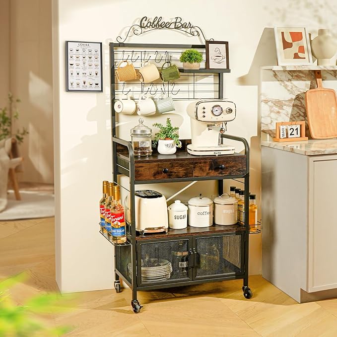 Coffee Bar Cart with Wheels, Coffee Bar Table, Kitchen Coffee Bar Cabinet with - Image 7
