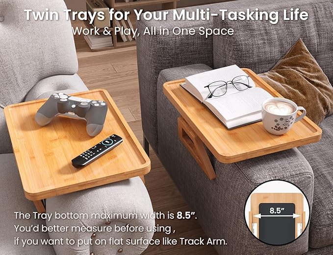 2 Pack Couch Arm Tray, Bamboo Folding Sofa Tray, Sofa Armrest Trays Clip-On - Image 3
