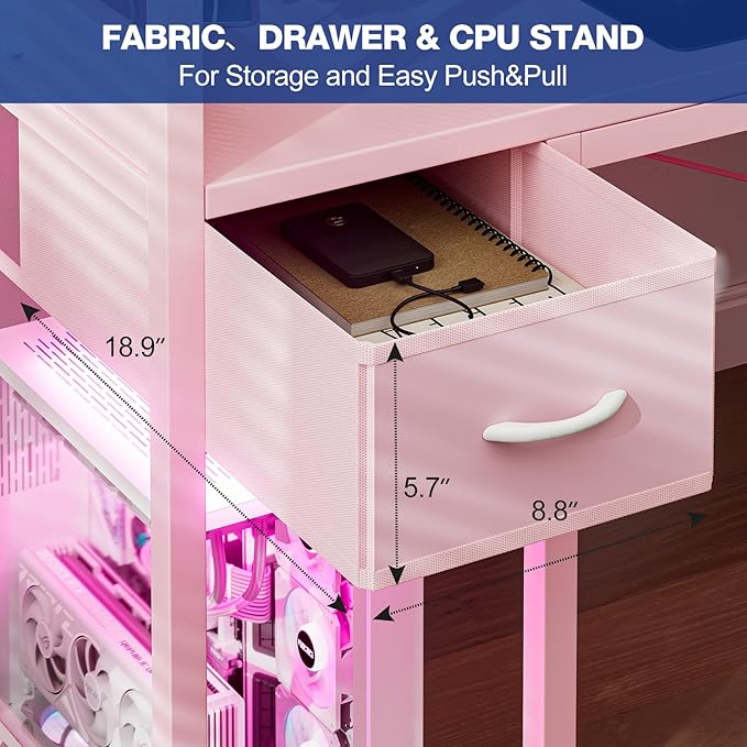 Gaming Desk 47 Inch with Power Outlet and LED Light, Computer Desk with - Image 8