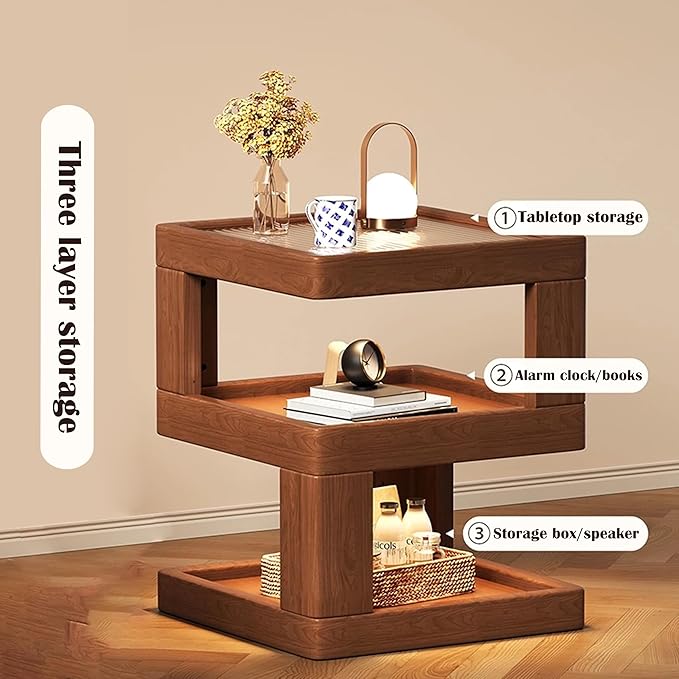 Nightstand Bedside Table with 3-Tier Storage, Modern Solid Rubberwood End Side - Image 3