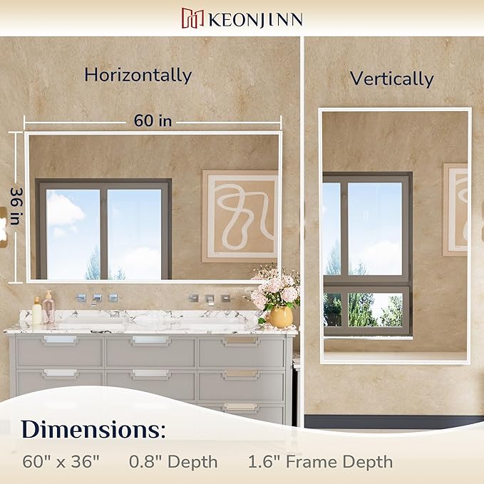 Keonjinn 60 x 36 Inch White Bathroom Mirrors Metal Framed Large Bathroom Mirror - Image 7