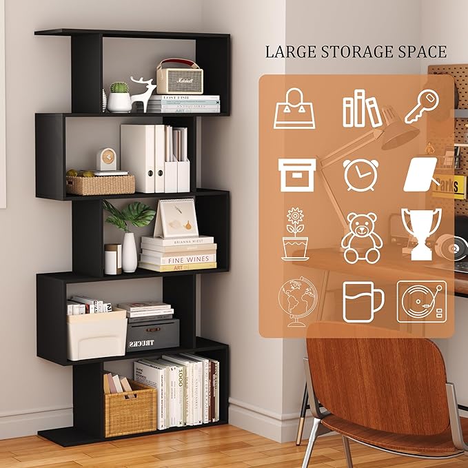 Yusong Bookshelf 5-Tier, Geometric Bookcase S Shaped Book Shelves - Image 8