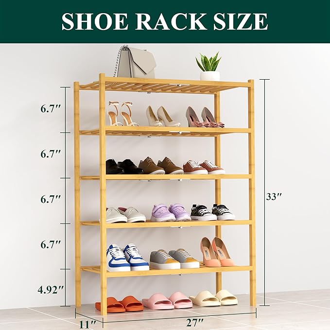 Smiry Shoe Rack, 5 Tier Thick Bamboo Shoe Organizer, Stackable Free Standing - Image 2