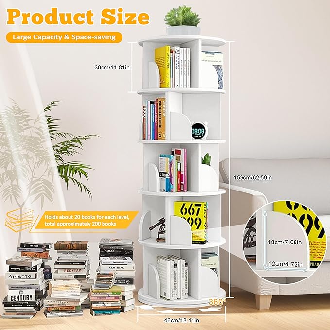 5 Tier Rotating Bookshelf Tower, 360 Display Wood Spinning Bookshelf Tower - Image 2
