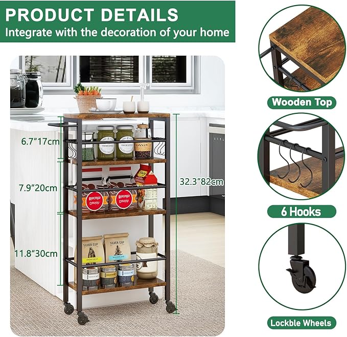 IBUYKE 7.8" Slim Rolling Cart, 4-Tier Metal Kitchen Storage Cart, Trolley cart - Image 6