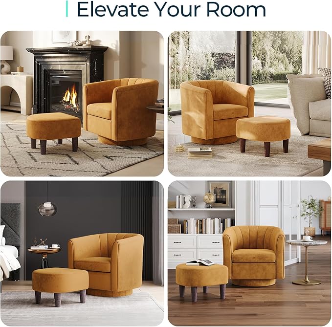 LINSY Swivel Accent Chair with Ottoman: Small Velvet Barrel Chair 360 Swivel - Image 5
