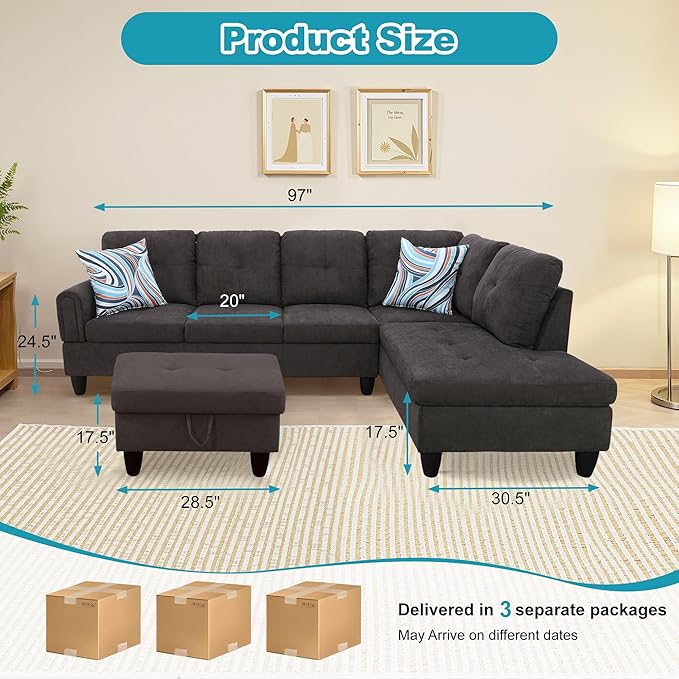 Couches for Living Room Modern L Shaped Couch Comfy Fluffy Fabric 3 Pieces - Image 2
