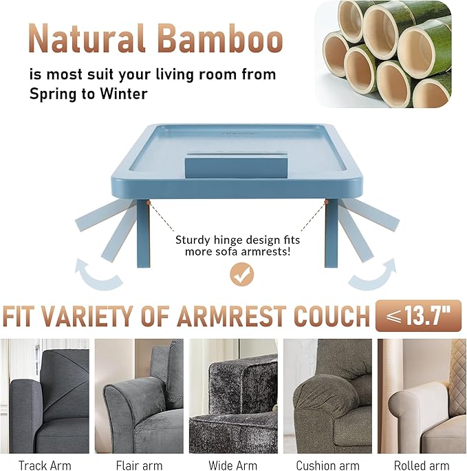SINWANT Couch Arm Table, Bamboo Sofa Clip on Tray Tables, Sofa Armrest Tray - Image 3
