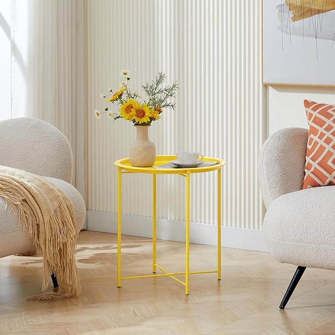 VECELO Side/End Table, Folding Round Metal Anti-Rust and Waterproof Outdoor or - Image 5