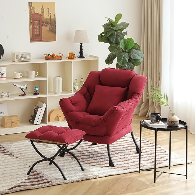Lazy Chair with Ottoman, Comfy Reading Lounge Chair with Footstool & Throw - Image 2