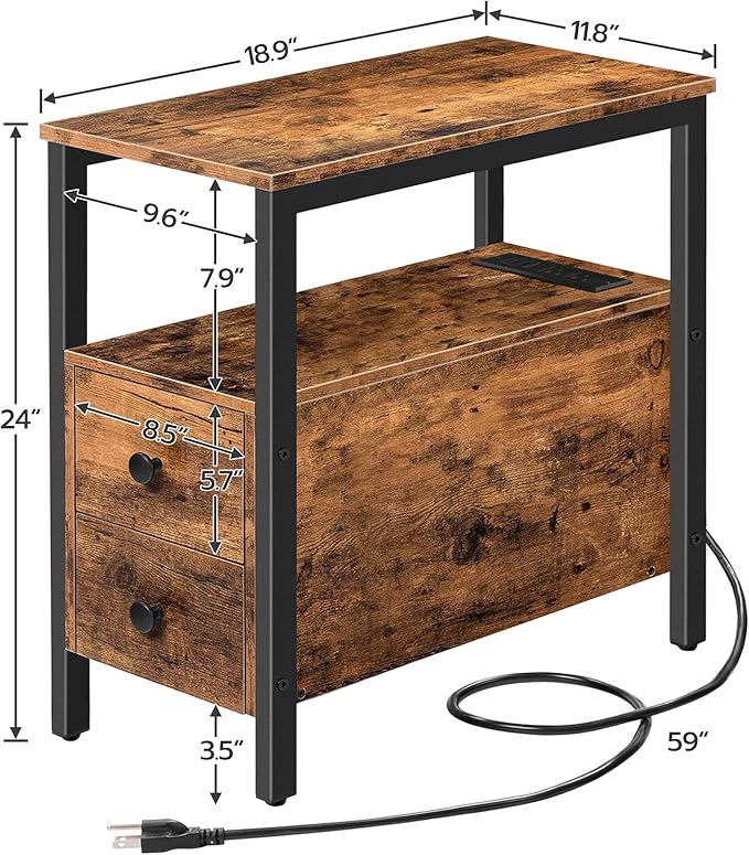HOOBRO End Table with Charging Station, Narrow Side Table with 2 Drawer & Power - Image 3