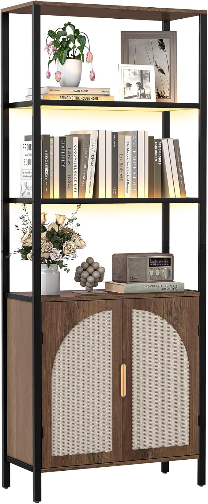 Bookshelf with Rattan Doors, 5 Tier Book Shelf Storage Organizer by Turosur