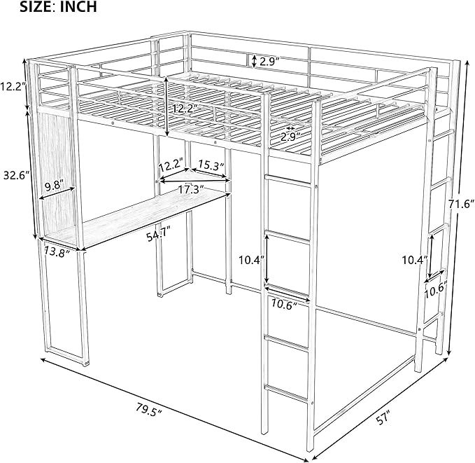 Full Size Metal Loft Bed with 2 Storage Shelves and 1 Desk, Steel Structure Bed - Image 2