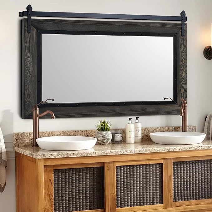YOSHOOT Farmhouse Barn Door Mirror, Wood Frame Wall Mirror, Wooden Mirror - Image 4