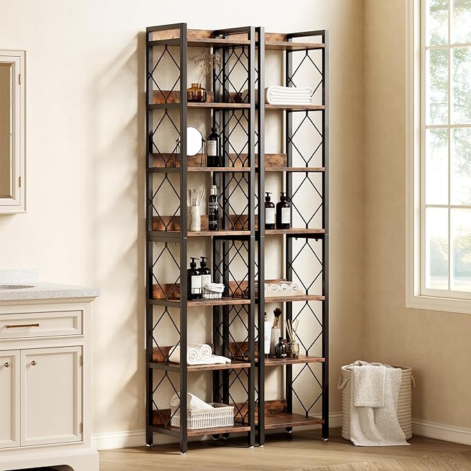 LITTLE TREE Book Shelf Set of 2, 7-Tier Tall Bookcase, Wooden Display Shelves - Image 5