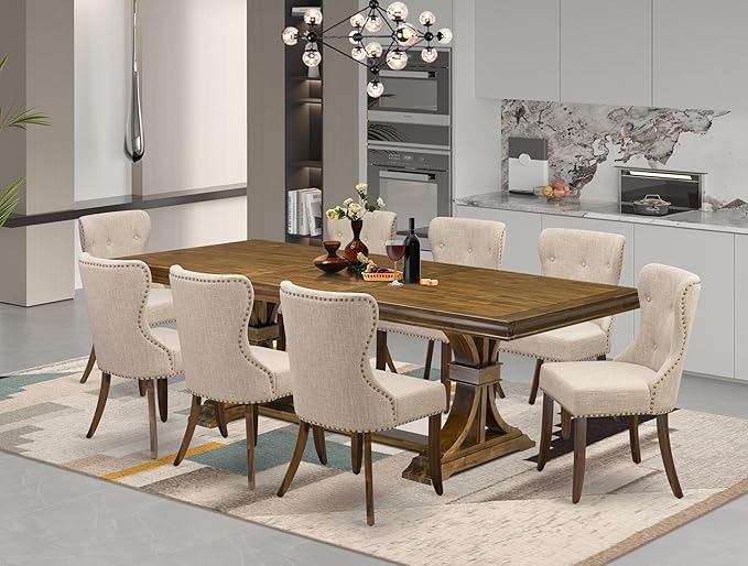 LESI9-AWA-04-9-pc Modern Dining Set Consists of a Dining Table and 8 Light Tan by LuxebyEastWestFurniture