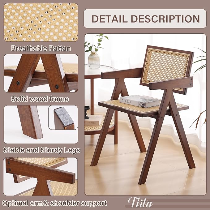 Tiita Rattan Dining Chairs Set of 2, Mid Century Modern Armchairs, Wooden - Image 5