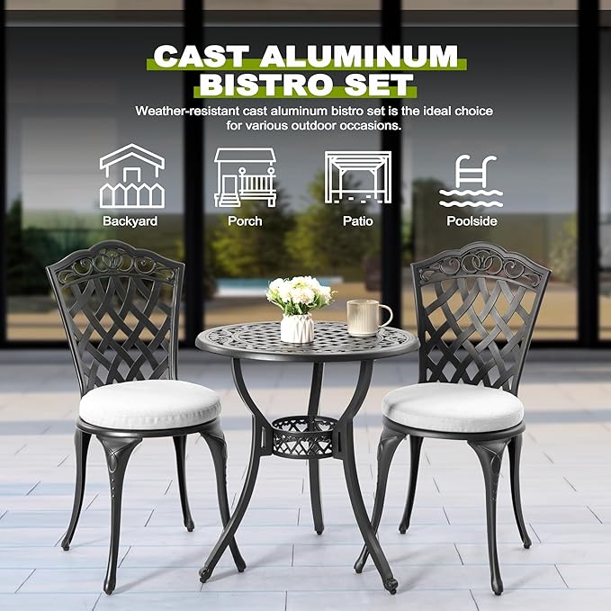 NUU GARDEN 3-Piece Patio Bistro Set Outdoor Cast Aluminum Bistro Table and - Image 5