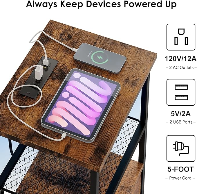 Fixwal Night Stand with Charging Station, LED Nightstand with Fabric Drawers - Image 5