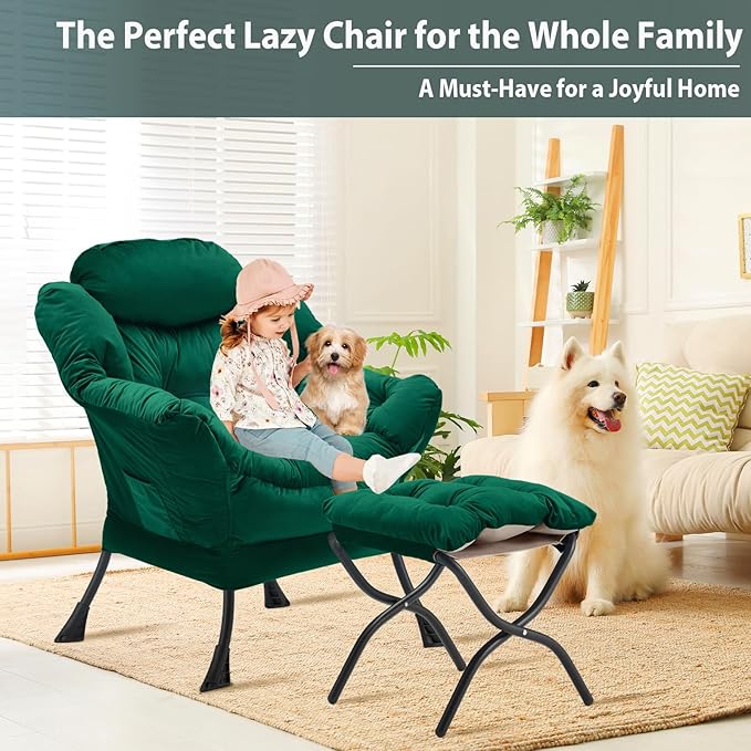 Lazy Chair with Folding Ottoman, Accent Chair Velvet Upholstered with Metal - Image 4