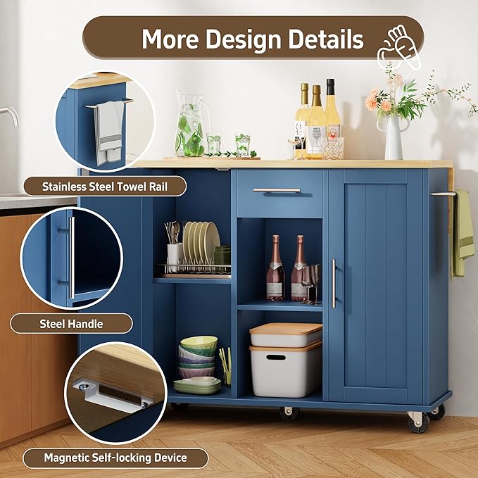 Shintenchi Kitchen Island with Storage, Bar Cart Cabinet Island Table on Wheels - Image 4