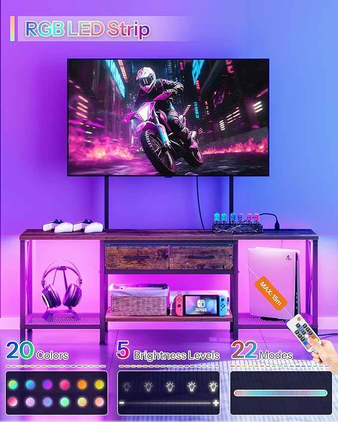 TV Stand with Mount, Power Outlet and LED Light, Entertainment Center, - Image 5