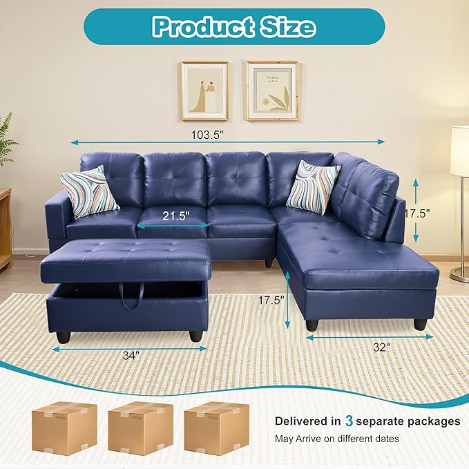 Couches for Living Room PU Leather L Shaped Couch Comfy 3 Pieces Sectional Sofa - Image 2