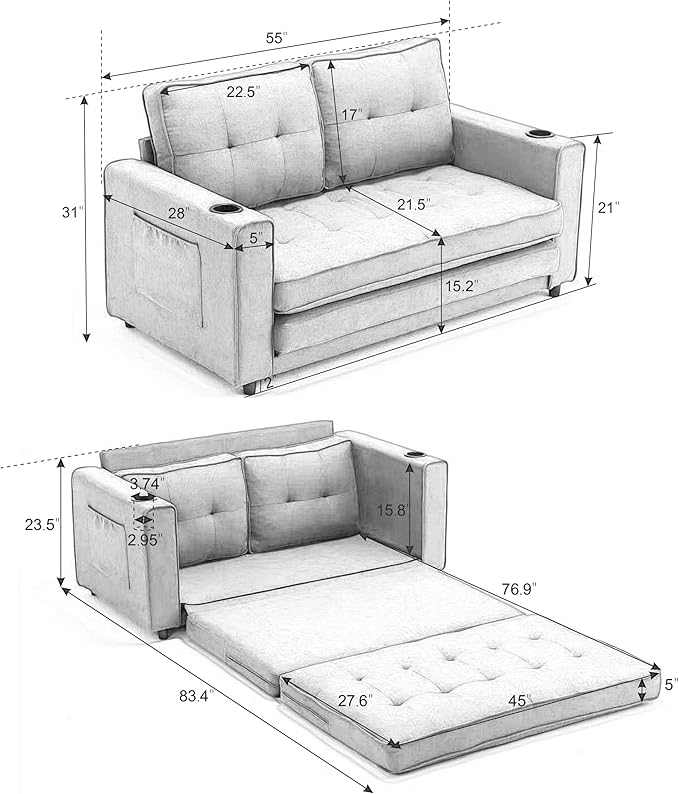 ERYE 3 Fold Tufted Upholstered Futon Sofa Bed Modern Convertible Foldable Floor - Image 2