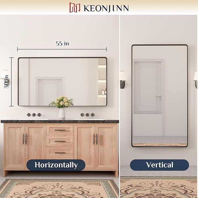 Keonjinn Black Bathroom Mirror for Vanity 55 x 30 Inch Large Metal Framed Wall - Image 8