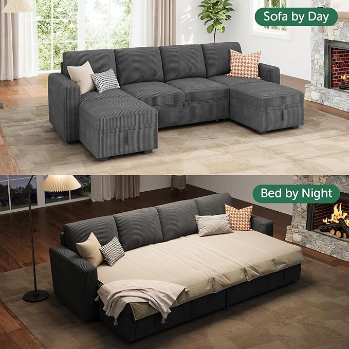 HONBAY Modular Sectional Sleeper Sofa Bed, Corduroy Pull Out Couch - Image 3