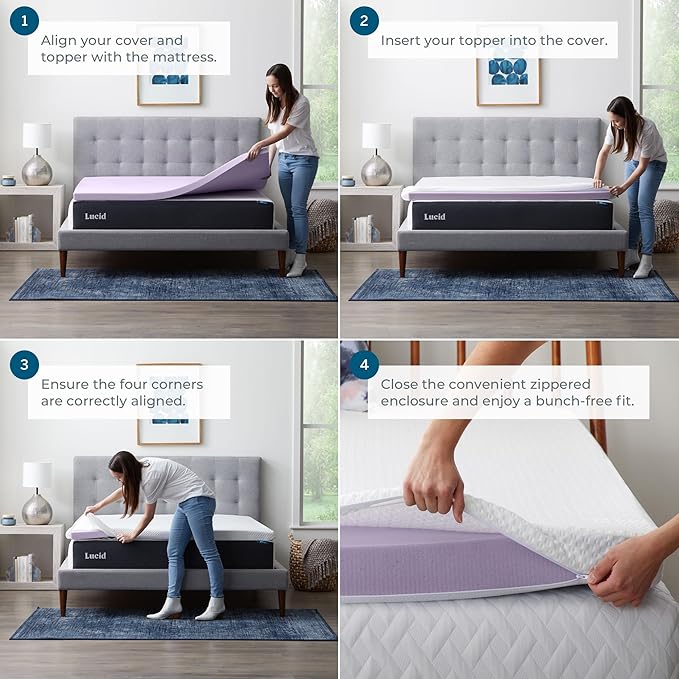LUCID 4 Inch Lavender Infused Memory Foam Mattress Topper and LUCID Zippered - Image 2