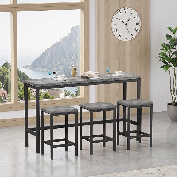 KEIKI 60.24” Long Bar High Top Dining Table and 3 Stools Chairs Set, Wood - Image 3