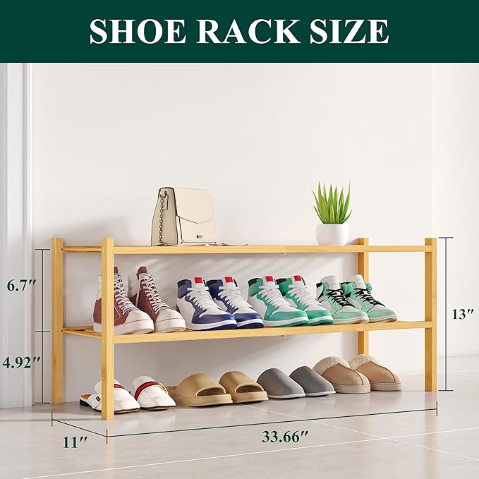 Smiry Shoe Rack, 2 Tier Long Bamboo Shoe Organizer, Stackable Free Standing - Image 2