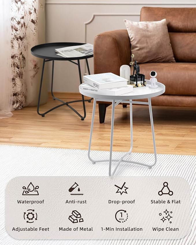 Small Side Round Table for Living Room Bedroom, Weather Resistant Outdoor Side - Image 5