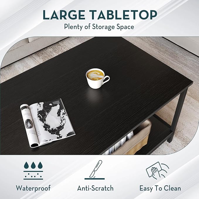 SAYGOER Black Coffee Table for Living Room Modern Rectangle 2-Tier Coffee Tables - Image 4