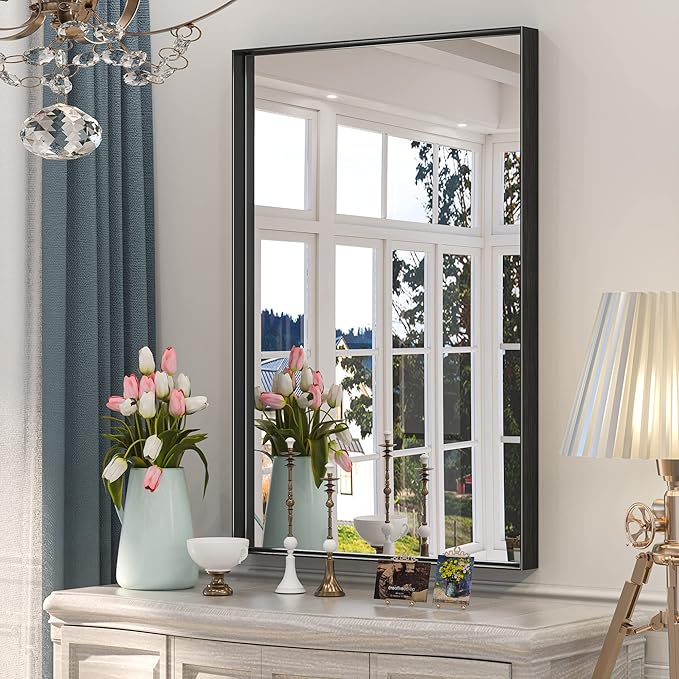 Keonjinn Black Bathroom Mirror 24 x 36 Inch Rectangular Wall Mirror Brushed by Keonjinn