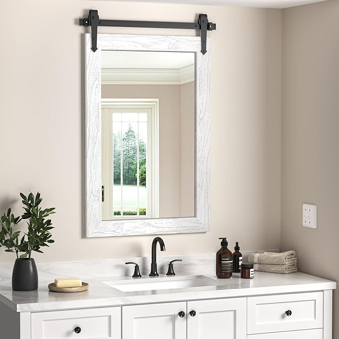 Farmhouse Bathroom Mirrors for Over Sink 26”x40” White Rustic Wall Decor Mirror by Menscha