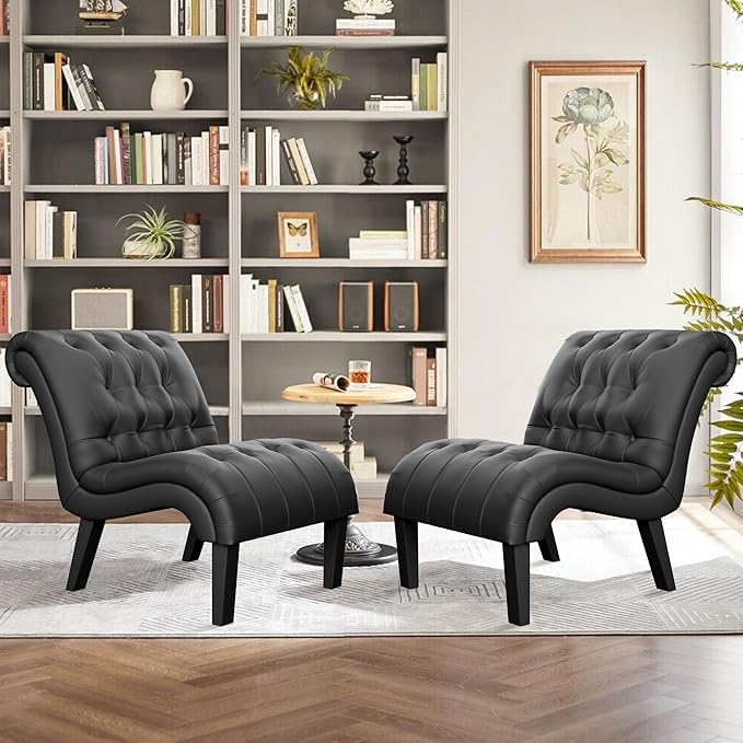 Yongqiang Black Faux Leather Accent Chair Modern Button Tufted Upholstered - Image 6