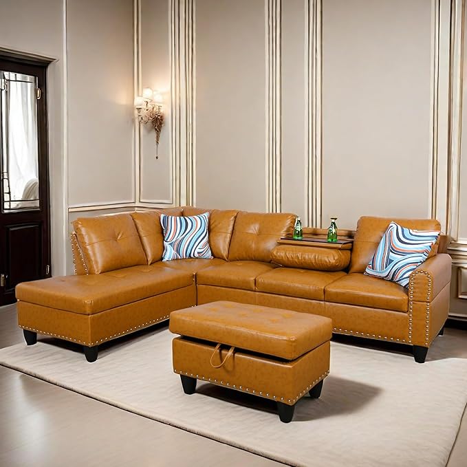 L Shaped Sectional Sofa with Ottoman, Nail-Head Design Leather Right Facing - Image 4