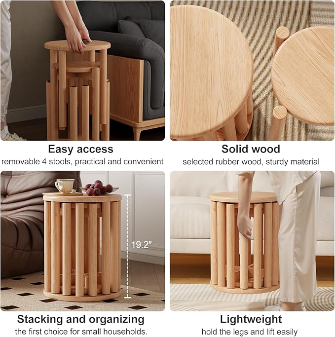 Stackable Stools Set of 4 Wooden Stools 18 Inch Stool Nesting Side Tables - Image 5