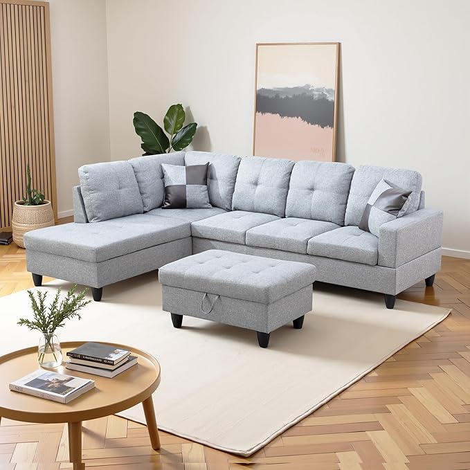 L Shaped Couch Modern Sectional Couch Upholstered Linen Fabric 3 Pieces Sofas - Image 4