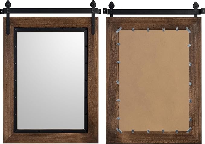 YOSHOOT Farmhouse Barn Door Mirror, Wood Frame Wall Mirror, Wooden Mirror - Image 3