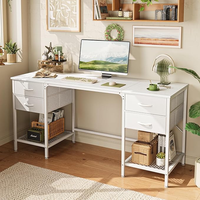 Huuger 63 Inch White Desk with 4 Drawers, Vanity Desk with Mesh Shelf, Large - Image 8