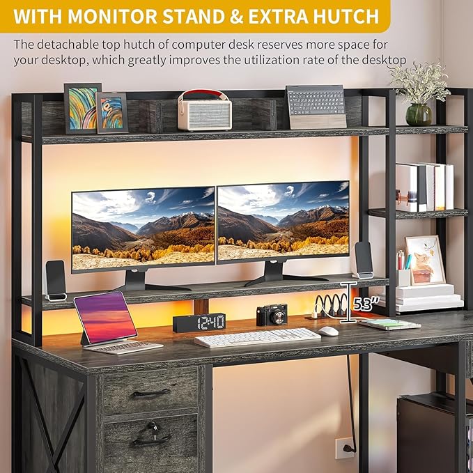 DWVO Computer Desk with Drawers & Hutch, 59.1" Office Desk with Power Outlets & - Image 7