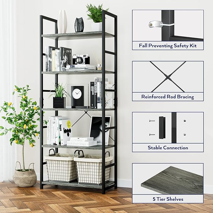 NUMENN 5 Tier Bookshelf, Tall Bookcase Shelf Storage Organizer, Modern Book - Image 4