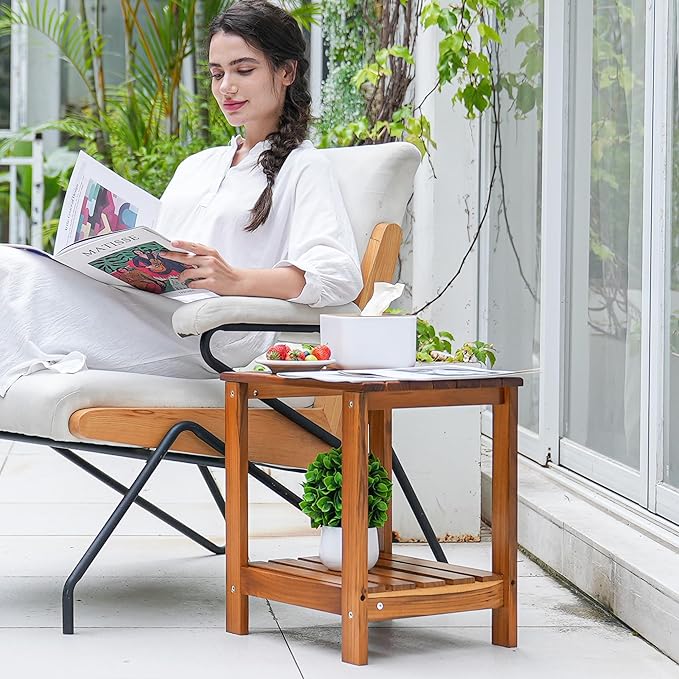 Utoplike Teak Side Table Outdoor, Patio End Table Double Layer, Wooden Coffee - Image 2