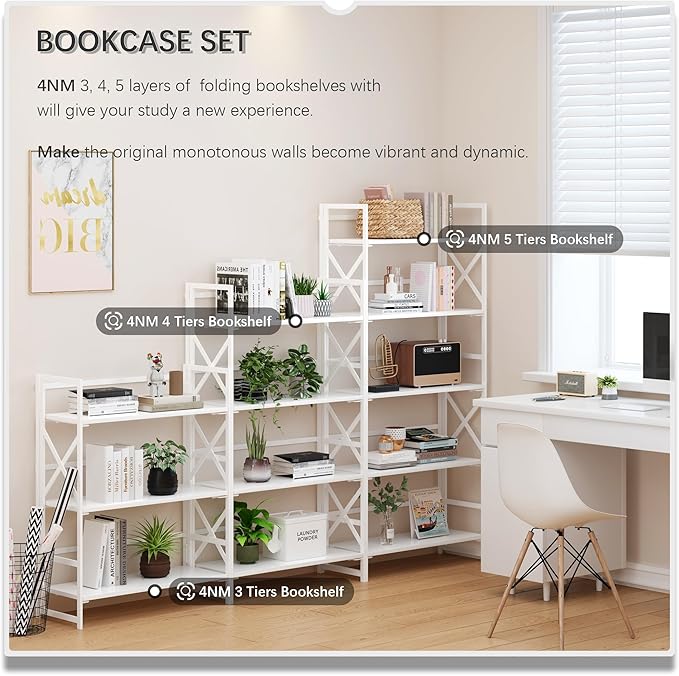 4NM 5 Tiers No Assembly Book Shelves, 51.2" H Folding Bookshelf Bookcase Open - Image 5