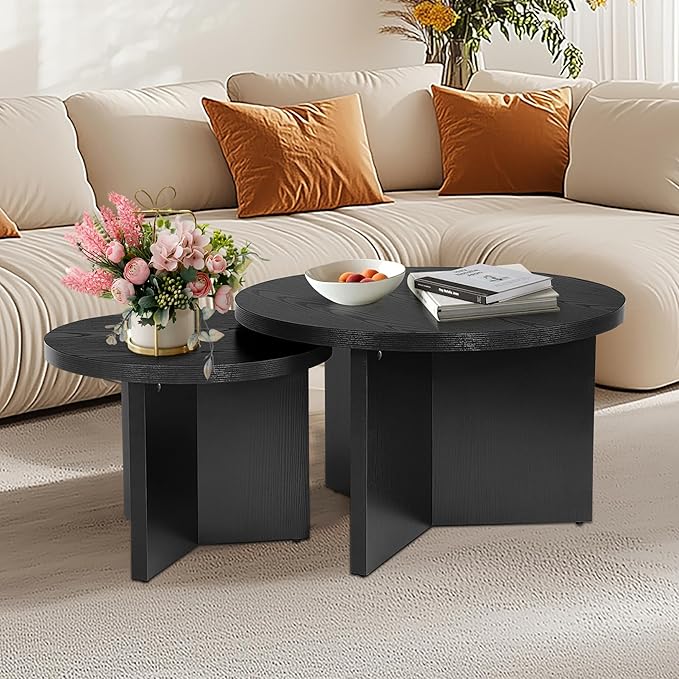 Round Nesting Coffee Tables Set of 2, Modern Stacking Table by QuicMiou